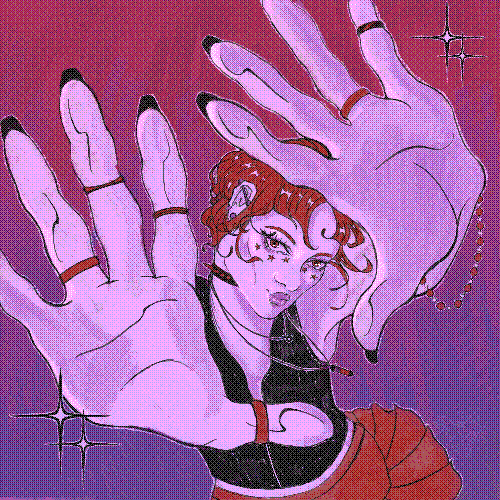 Self portrait of Lunariis in red, purple, and black, looking towards the viewer with hands up
